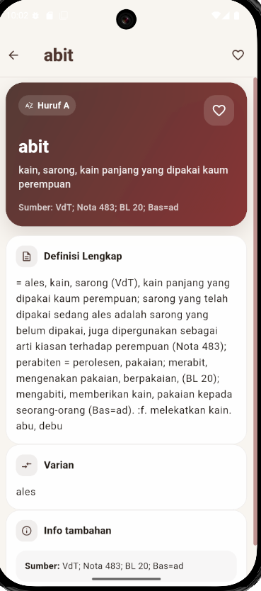 Tampilan detail kata pada aplikasi Kamus Bahasa Pakpak